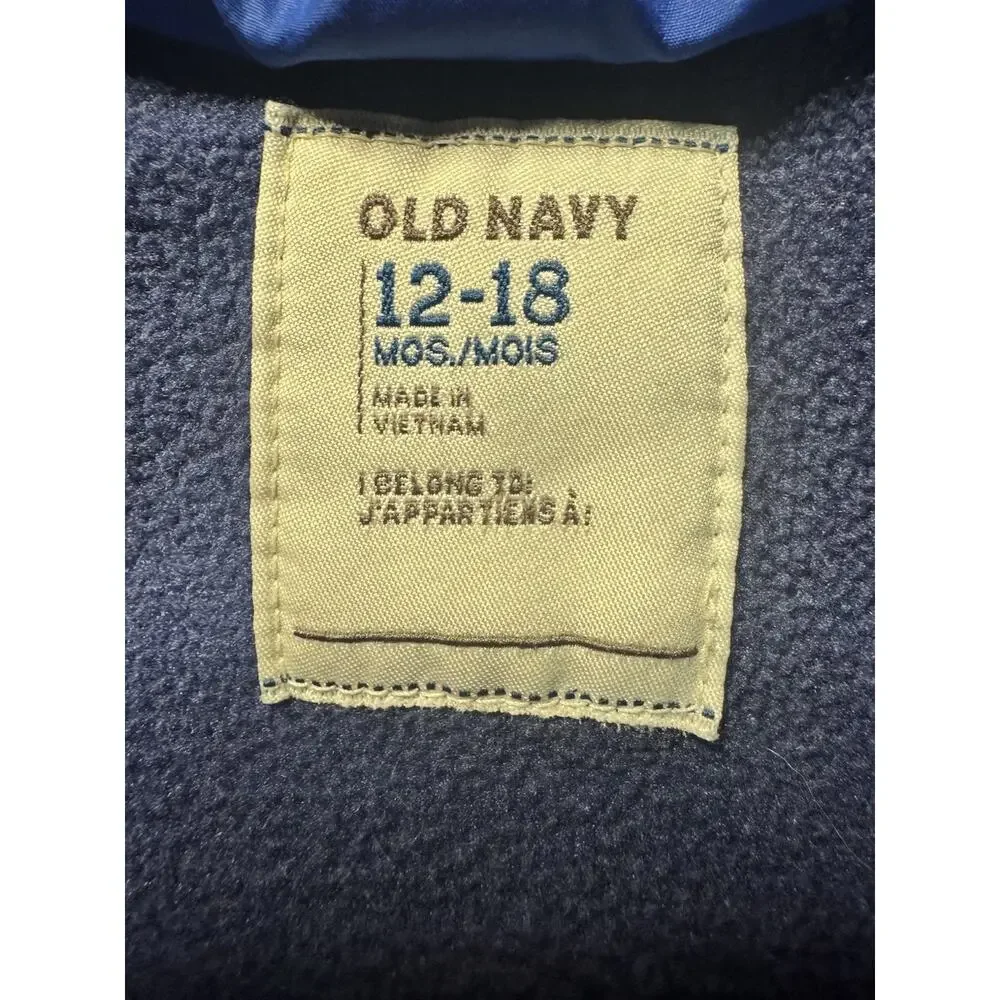 Y2K Old Navy Baby 12-18M Blue Puffer Vest Fur Trim Hood Moto Patch Winter Coat
